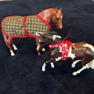 Breyer Model Horse Lot Chestnut with Plaid Blanket and Pinto with Holiday Ribbon